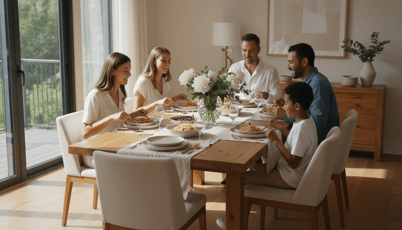 Modern dining room with wooden table, comfortable chairs, and family enjoying a meal together
