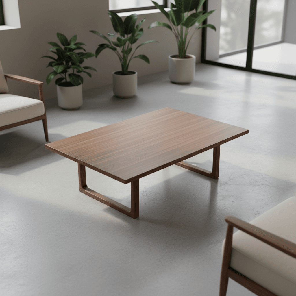 Wooden mid-century modern coffee table in minimalist space