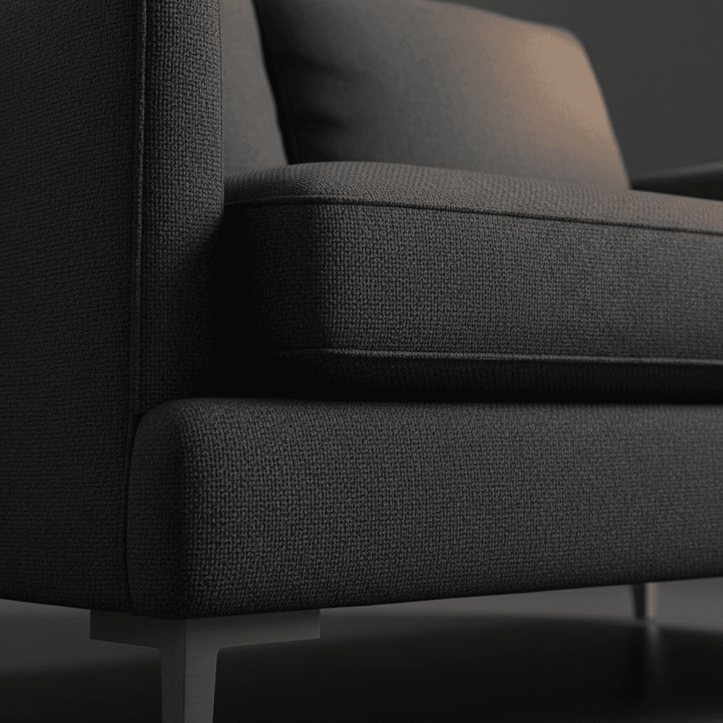 Upholstered loveseat detail with metal legs