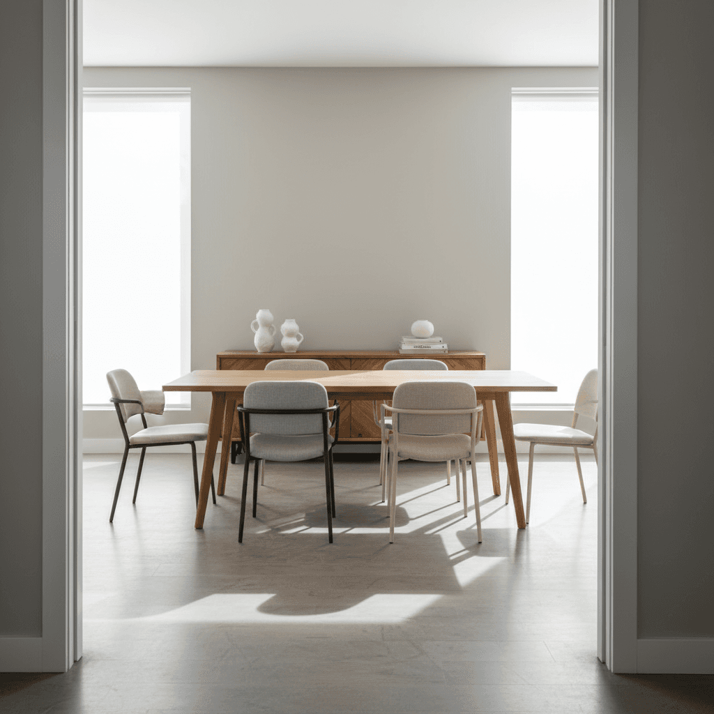 Complete modern dining room setup with table, chairs, and storage cabinet