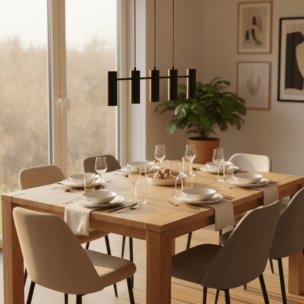 Modern wooden dining table set with place settings and pendant lighting