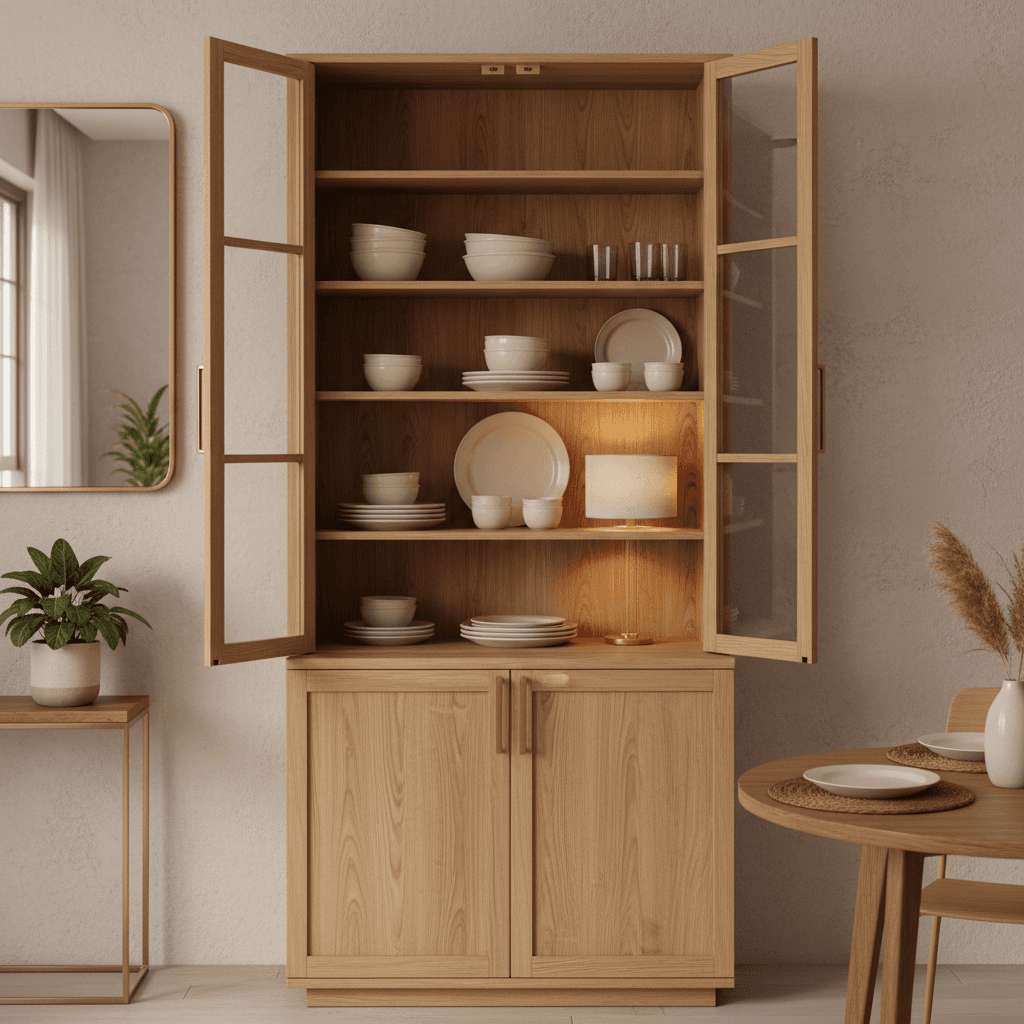 Modern wooden dining cabinet or hutch with open doors and wall decor