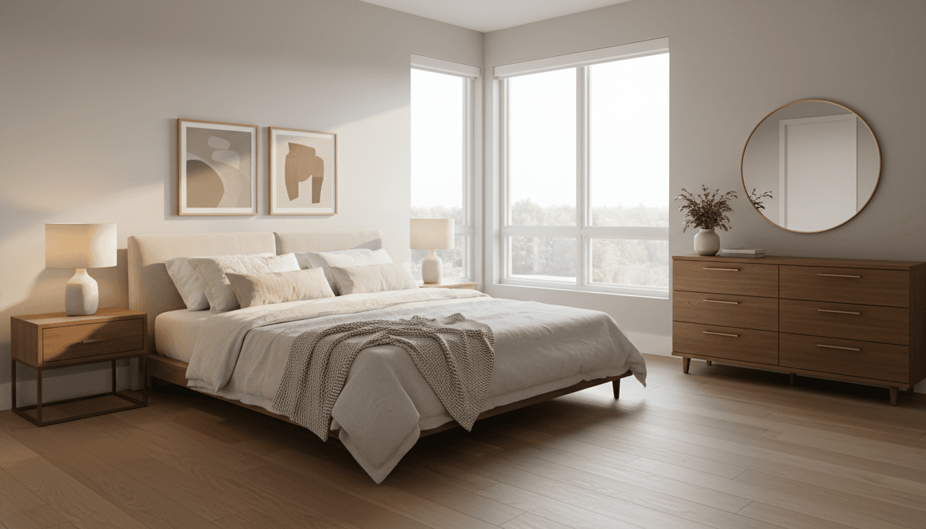 Modern bedroom with platform bed, wooden dresser, and soft natural lighting