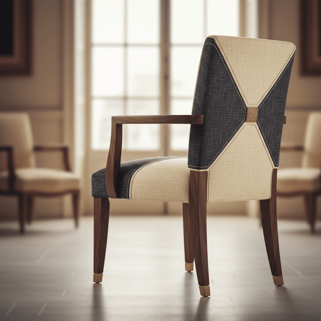 Upholstered dining chair with detailed stitching and wood frame