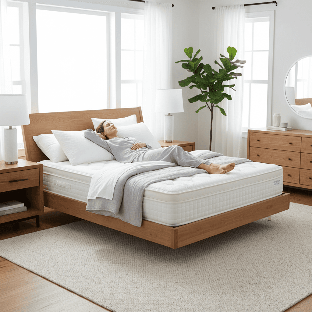 Person lying comfortably on quality mattress in modern, bright bedroom with contemporary furnishings