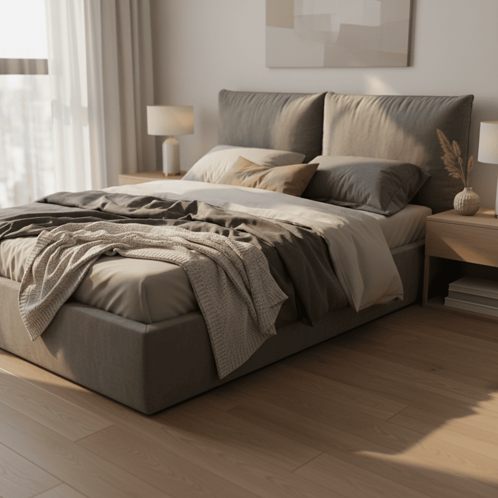 Cozy modern bedroom with upholstered bed and warm neutral bedding