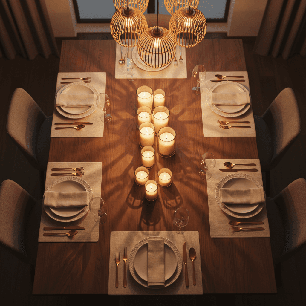 Elegantly set dining table with place settings and warm ambient lighting