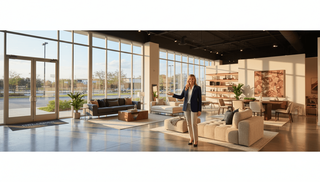 Modern furniture showroom interior at Universal Furniture Orlando with sofas and dining sets on display