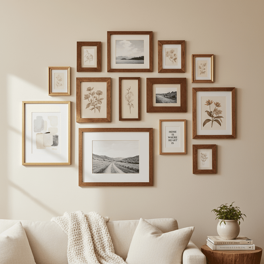 Gallery wall arrangement of framed decorative prints and art