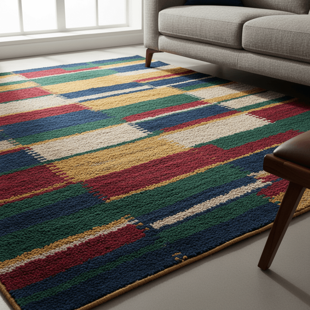 Modern geometric area rug with jewel tones in a bright living room
