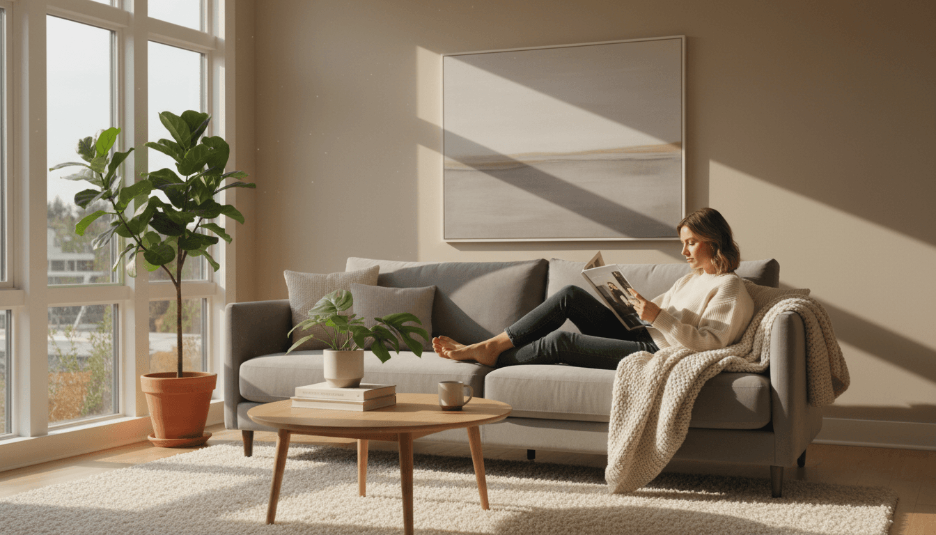 Comfortable gray sofa in a modern, light-filled living room