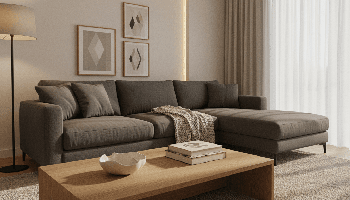 Modern living room with comfortable gray sofa and warm lighting