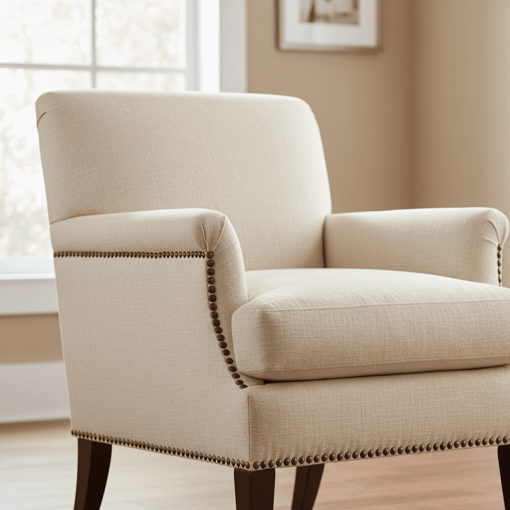 Upholstered accent chair with rolled arms and detail trim