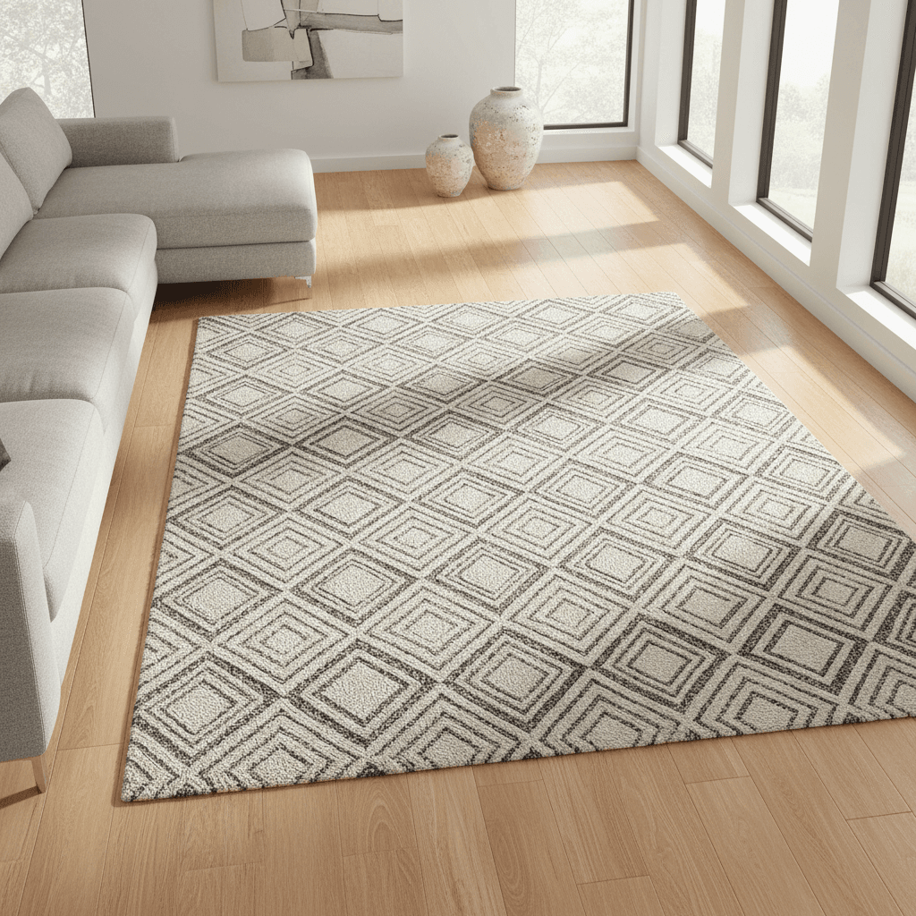 A warm, inviting lifestyle aesthetic wide shot of a modern living room featuring a large contemporary area rug as the focal point.