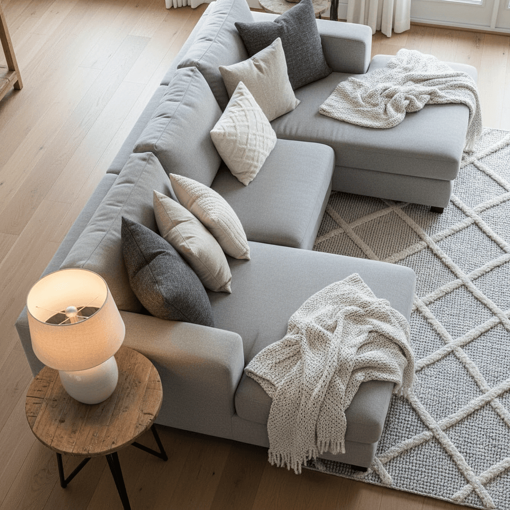 Gray sectional sofa styled with pillows and throws