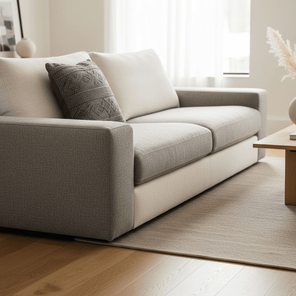 Modern upholstered sofa in a bright living room with natural light