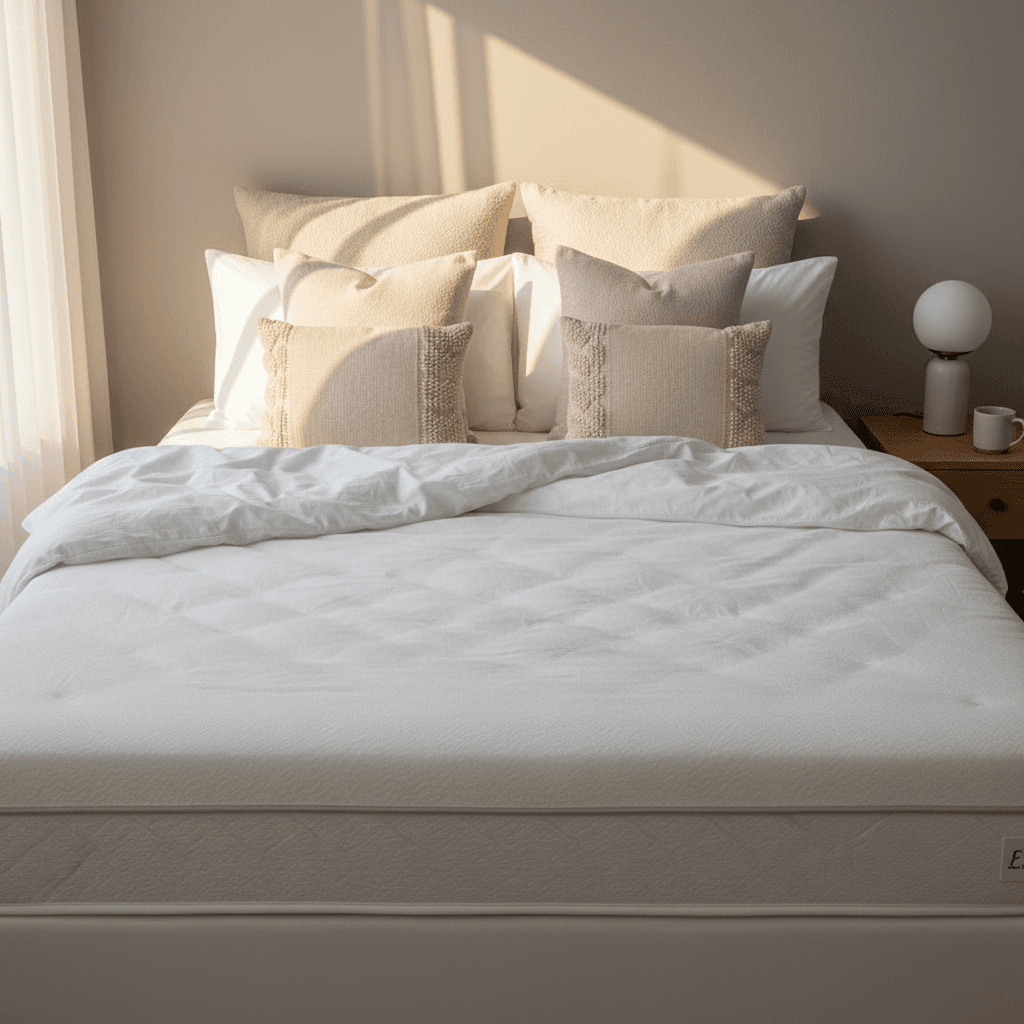 Modern memory foam mattress with white linens and pillows in bright bedroom