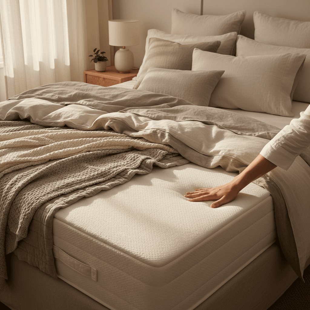Hand touching mattress surface showing softness in warm, inviting bedroom setting