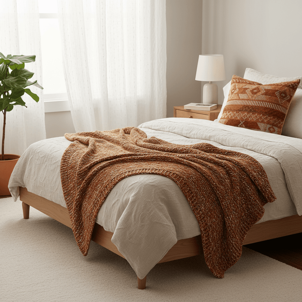 Decorative throw pillows and blanket on a modern bed in soft natural light