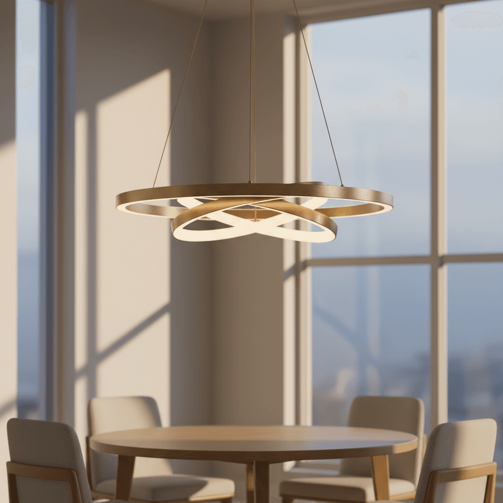 Modern pendant light fixture glowing above a dining table