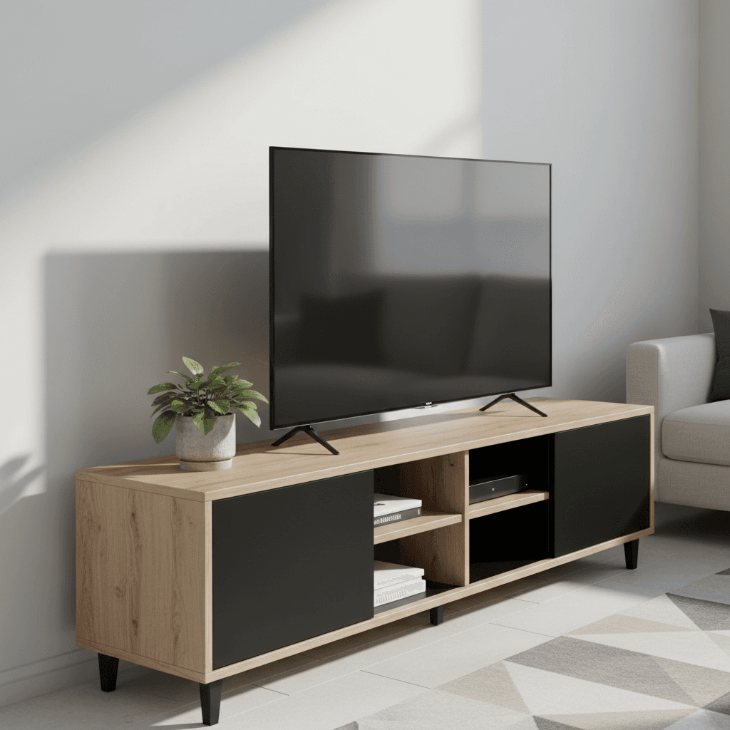 Contemporary TV stand with media storage in modern living room