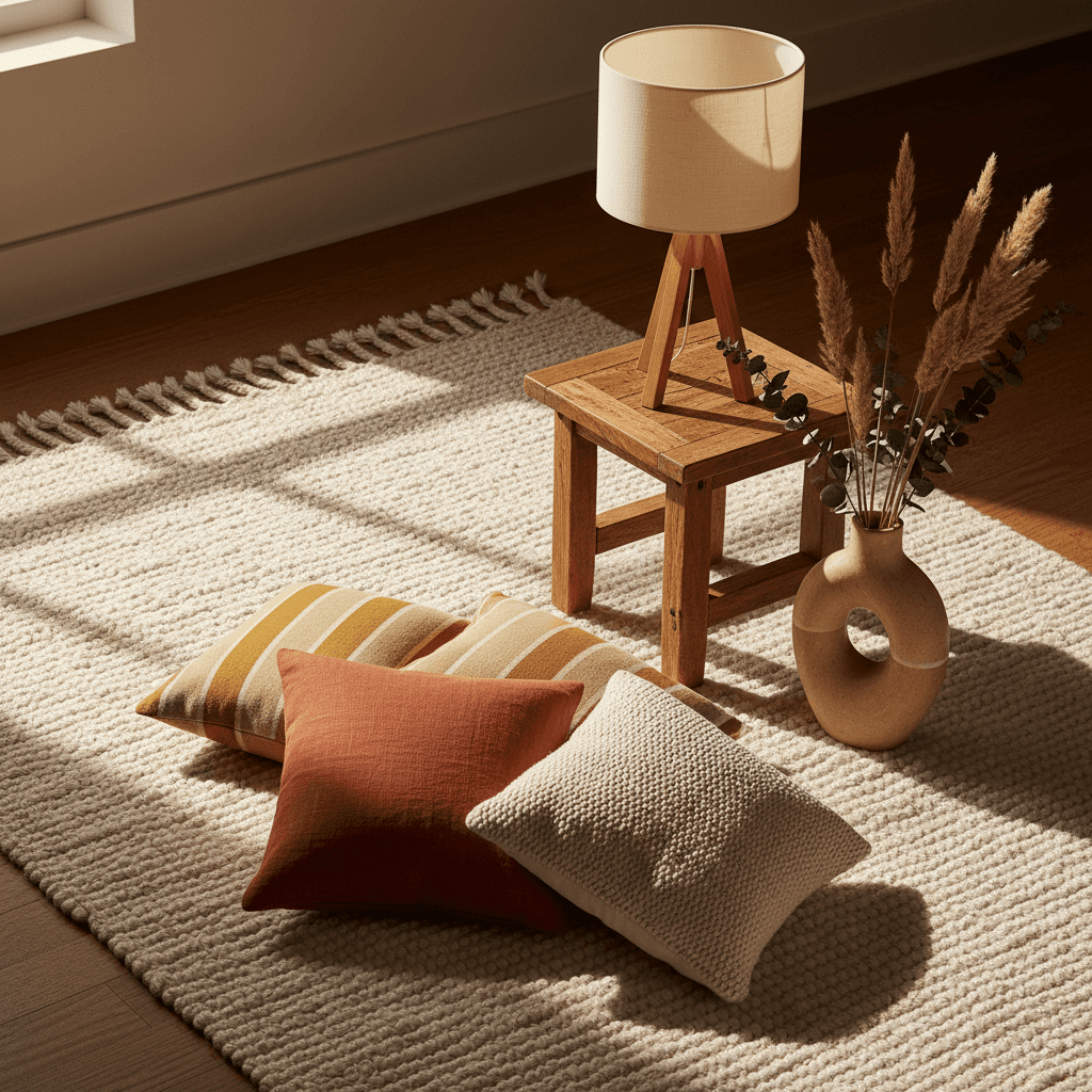Styled home décor arrangement with rug, pillows, vase, and lamp