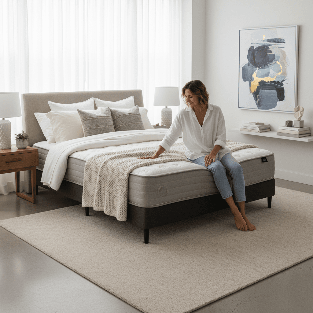 Person testing comfort of innerspring mattress on styled bedroom bed