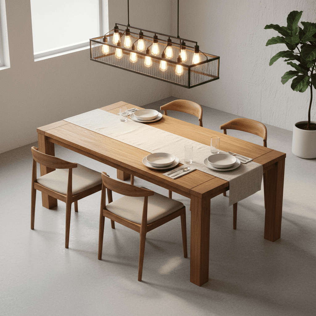 Contemporary wood dining table with modern chairs and table setting