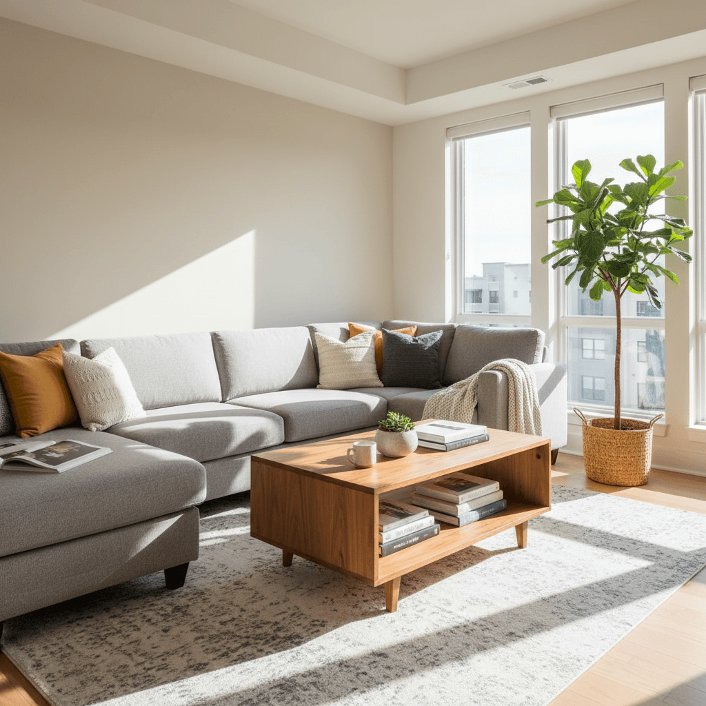 Modern gray sectional sofa in bright living room with natural light