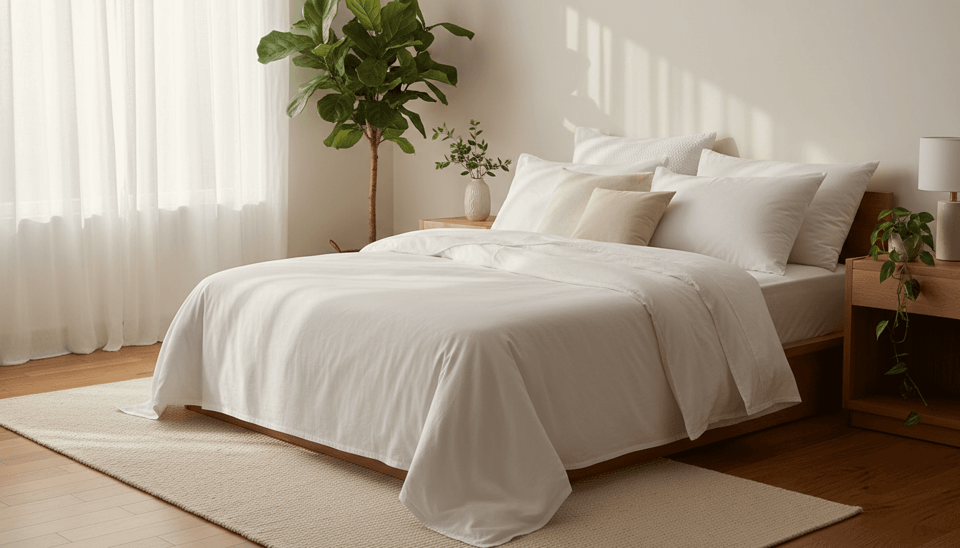 Inviting bedroom with neatly made bed and soft morning light