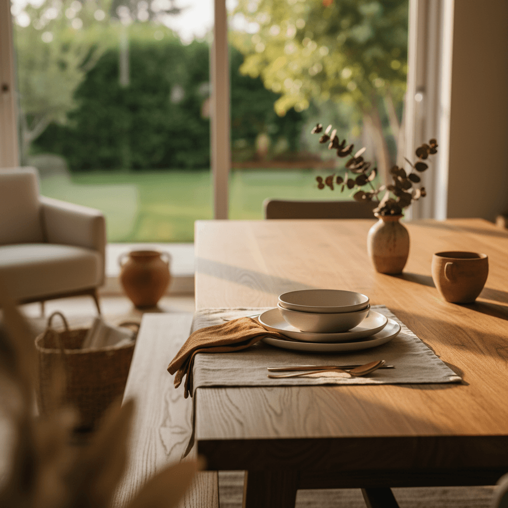Modern dining table with place setting in bright natural light
