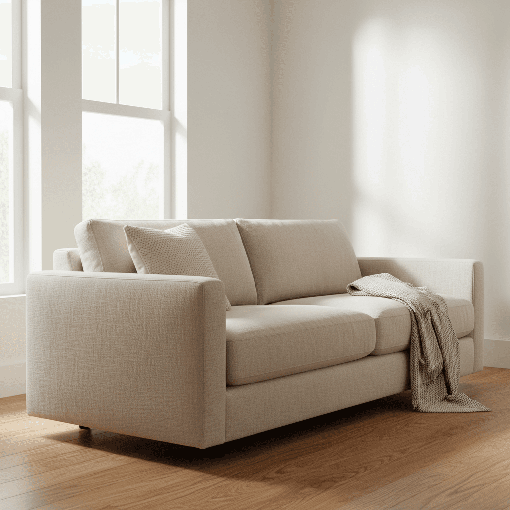 Modern beige linen sofa in bright living room