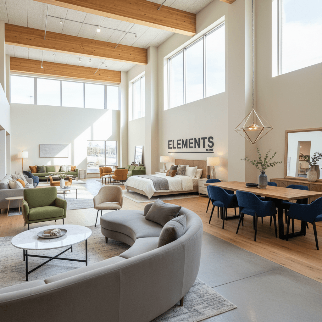 Bright modern furniture showroom with multiple furniture displays