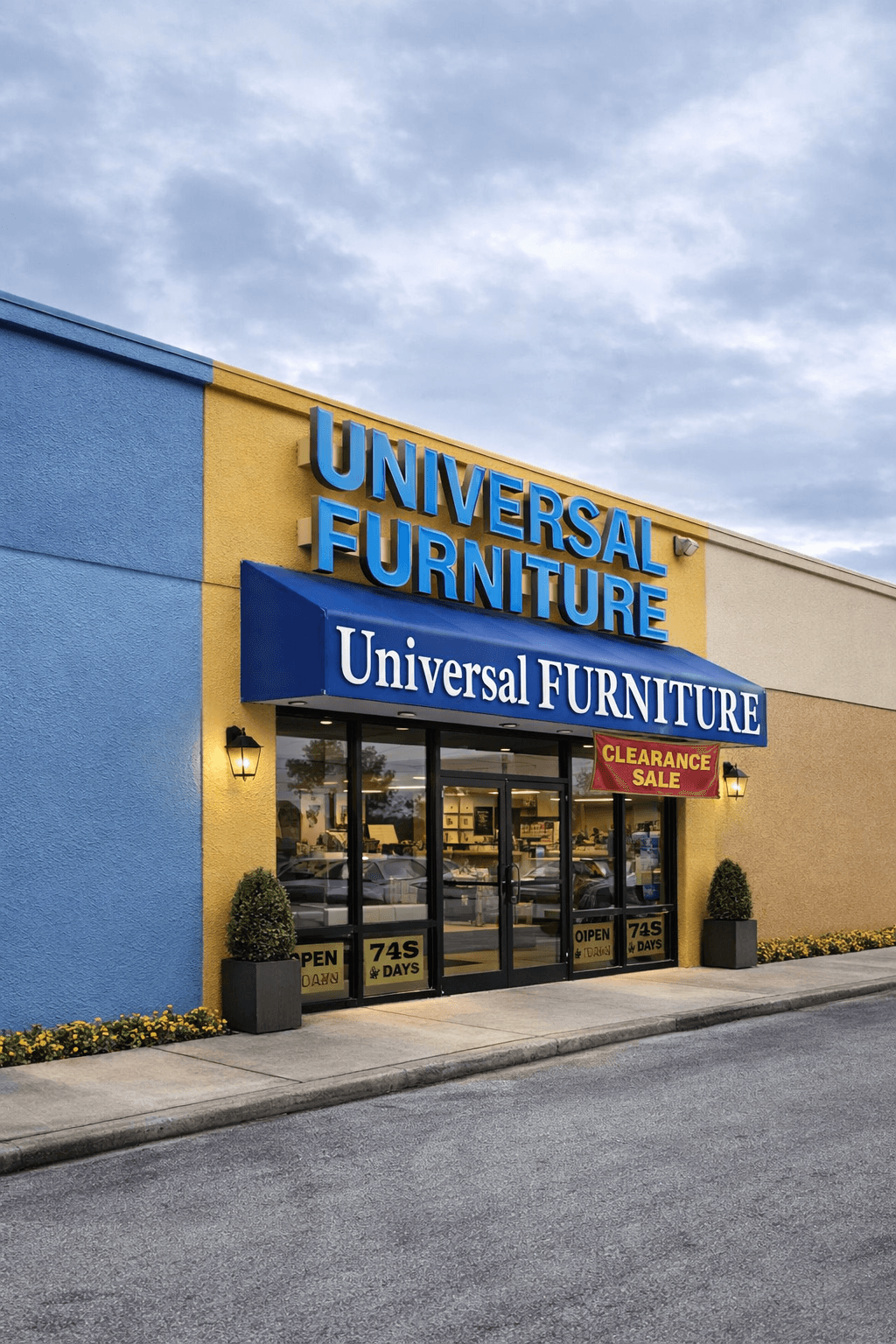 Universal Furniture storefront with blue and yellow walls, a blue awning, and red clearance banner.