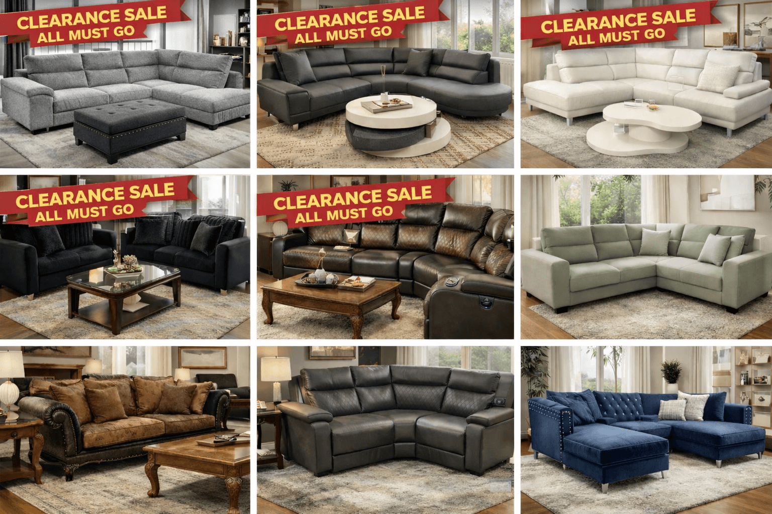Grid of nine living room sofa sets in various styles with red clearance sale banners.