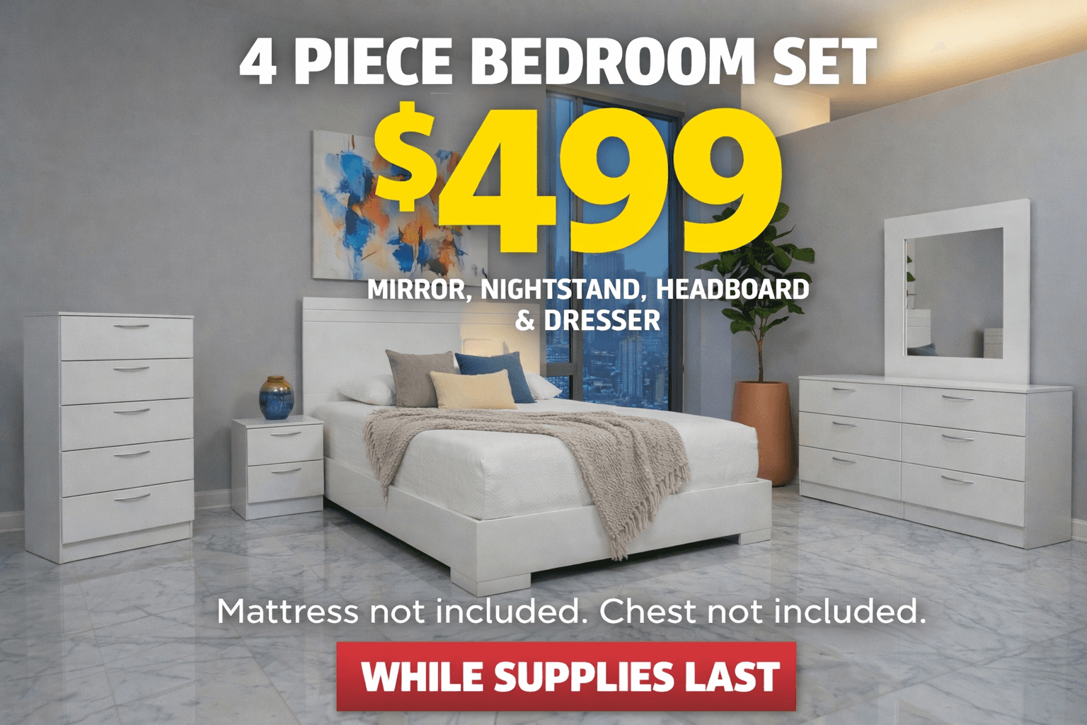 Modern white bedroom set advertisement featuring a headboard, nightstand, dresser, and mirror for $499.