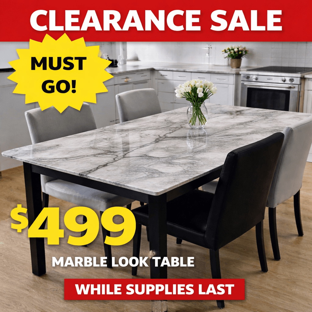 Clearance sale advertisement for a marble look dining table priced at $499 with chairs.