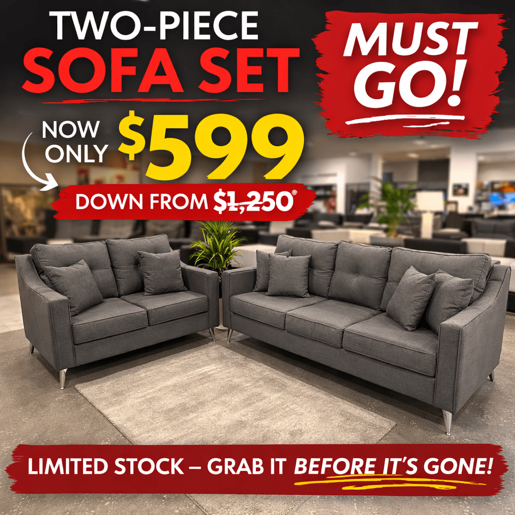 Grey two-piece sofa set on sale for $599, including a loveseat and a three-seater sofa.
