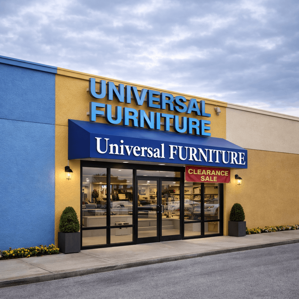 Universal Furniture storefront with blue and yellow walls, blue awning, and a red clearance sale sign.
