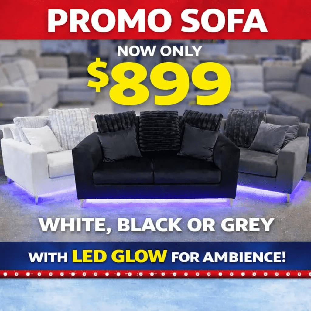 Promo advertisement for white, black, and grey sofas with blue LED underglow for $899.